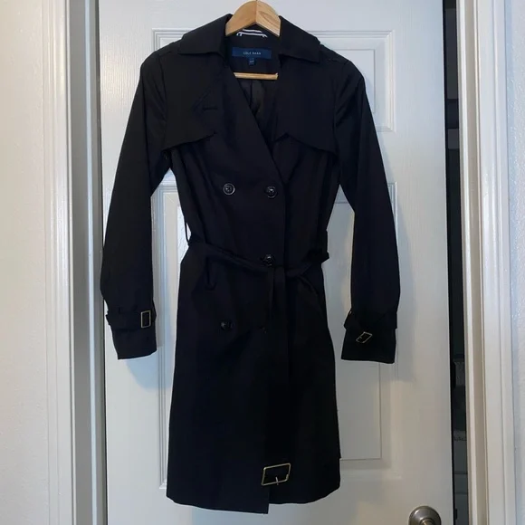Cole Haan Black Trench Coat with Detachable Hood - Picture 3 of 9